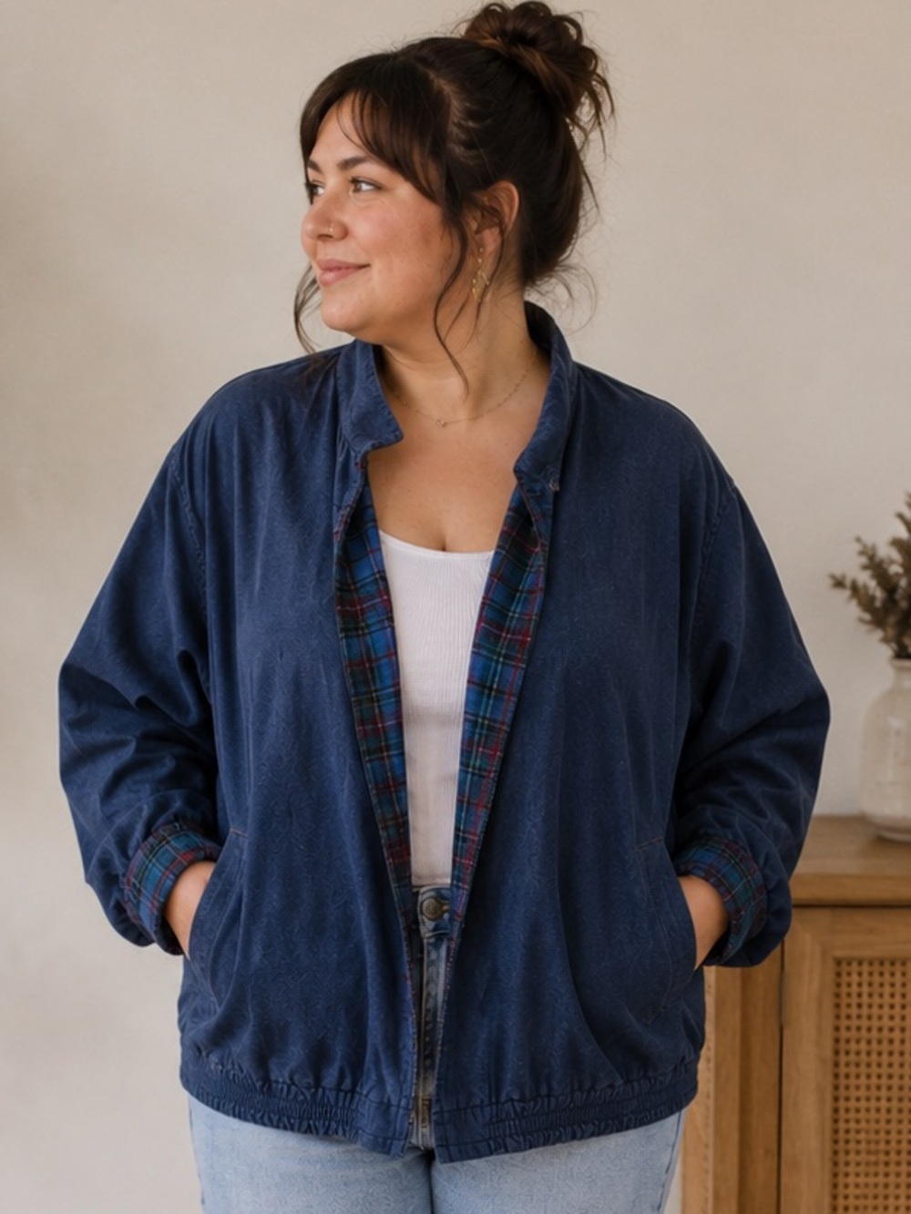 Reversible Blue Casual Bomber Jacket with Plaid Lining